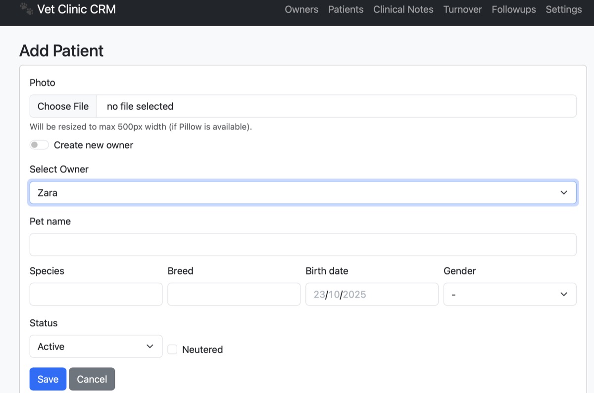 Vet Clinic CRM Dashboard